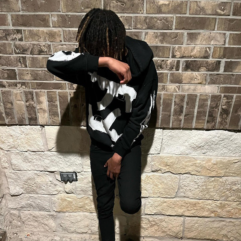Printed Loose-fit Gothic Streetwear Brand Patchwork Sports Hoodie