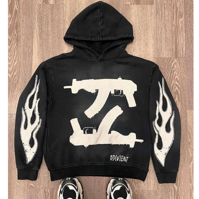 Printed Loose-fit Gothic Streetwear Brand Patchwork Sports Hoodie