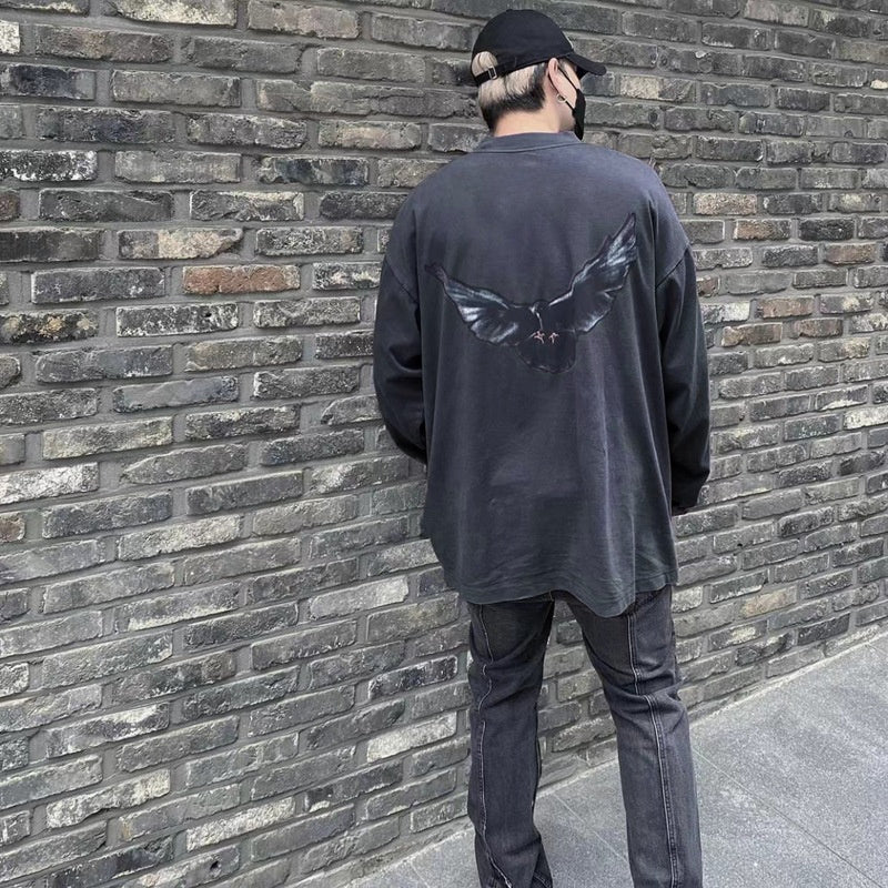 Frog Drift Streetwear Pigeon White Dove Loose Oversize Long Sleeve Tee T-shirt